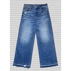 American Eagle Wide Leg Jeans Womens 12 X-Long Raw Hem Baggy Y2K Streetwear